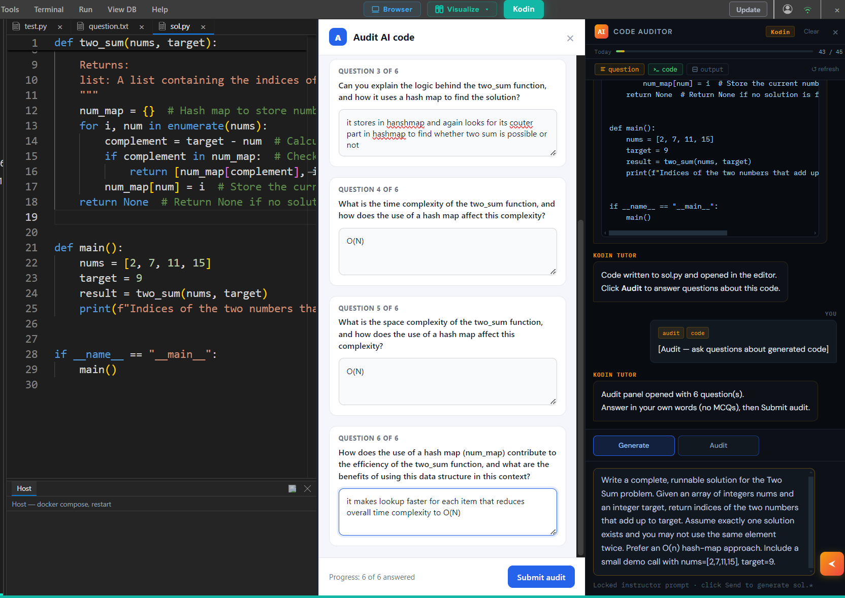 Kodin Code Audit — students explain AI-generated code in their own words