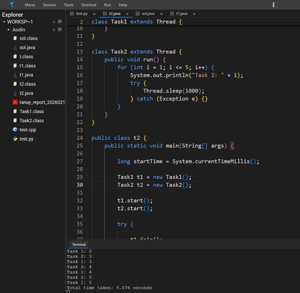 Kodin editor — students write and run real code with no copy-paste
