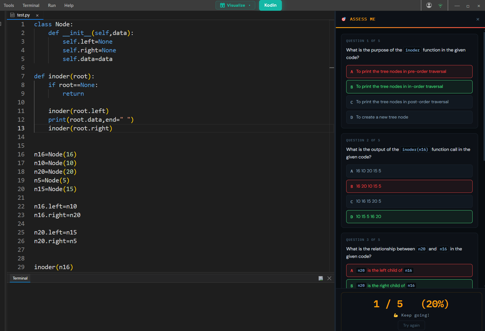 Assess Me Mode — in-session questions on the student's own code