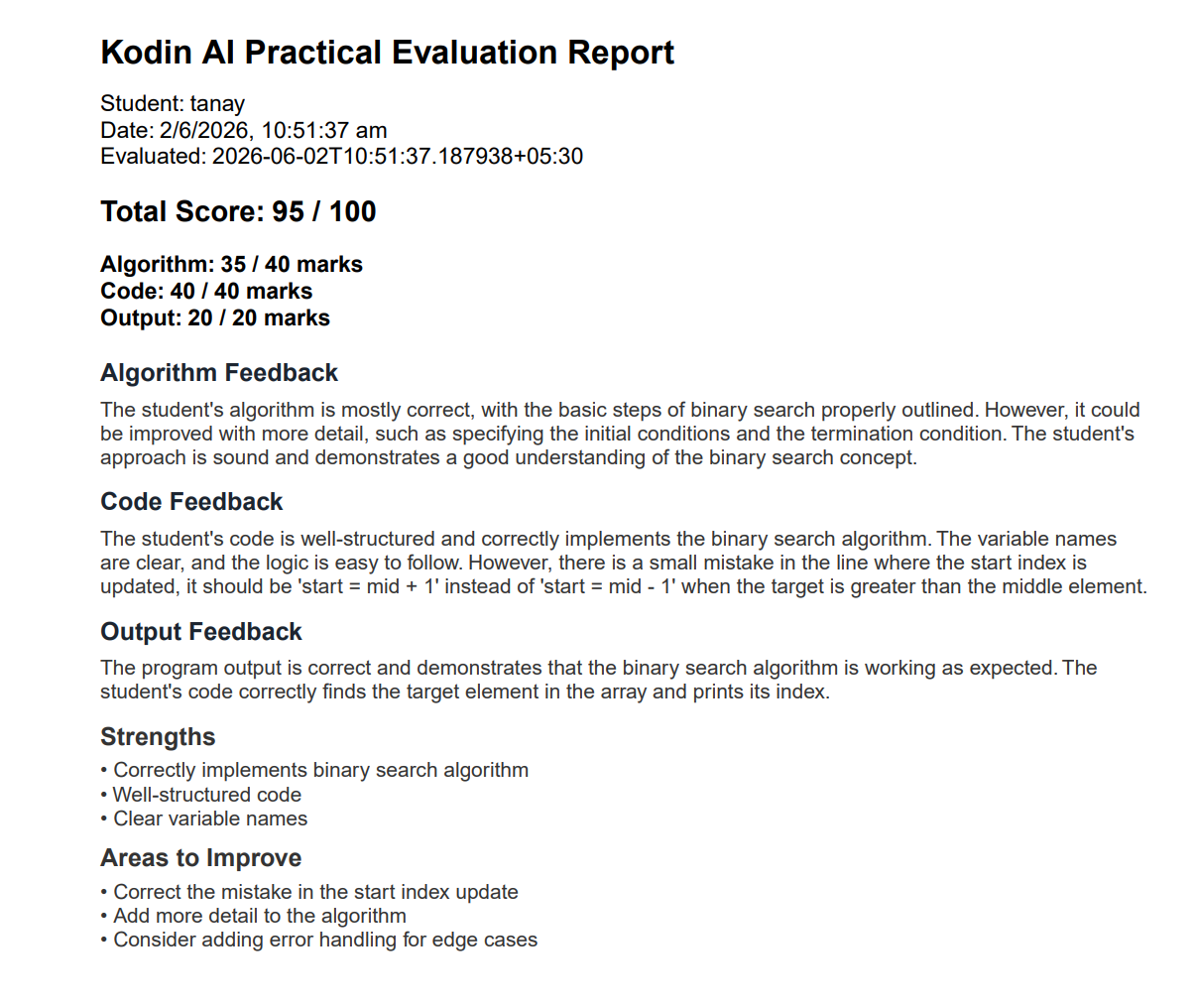 Kodin AI practical evaluation report with scores and feedback