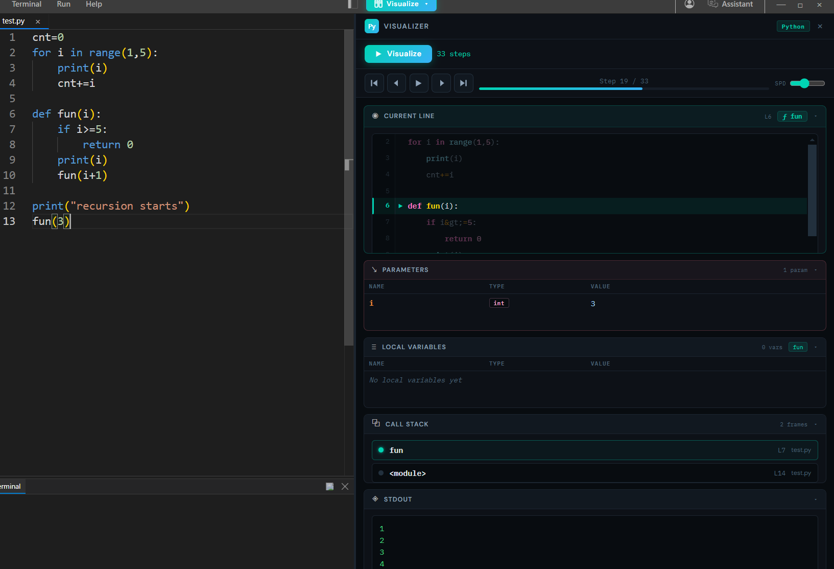 Kodin Code Visualizer showing step-by-step program execution with memory and variable tracking