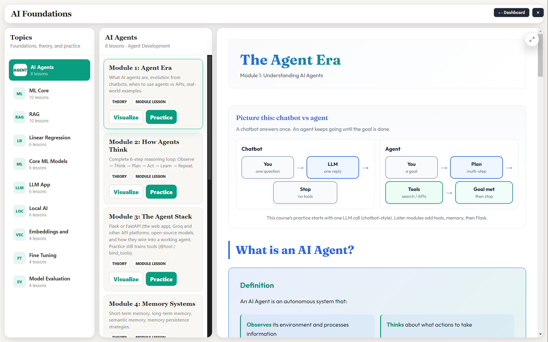 Kodin Build Agents — AI Foundations course for ReAct agents, RAG, and agent stacks
