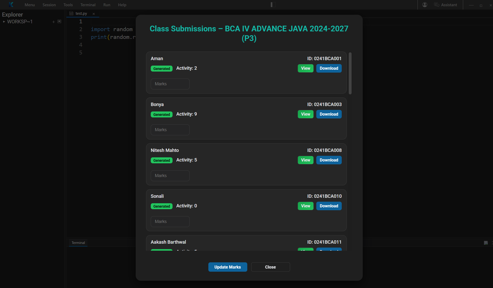 Kodin class submissions view for faculty showing all student coding lab submissions