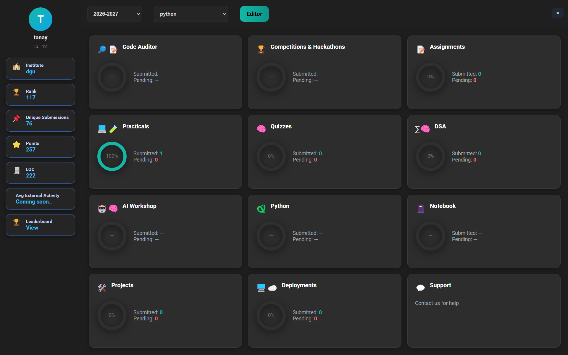 Kodin dashboard — live progress across practicals, projects, labs, and modules