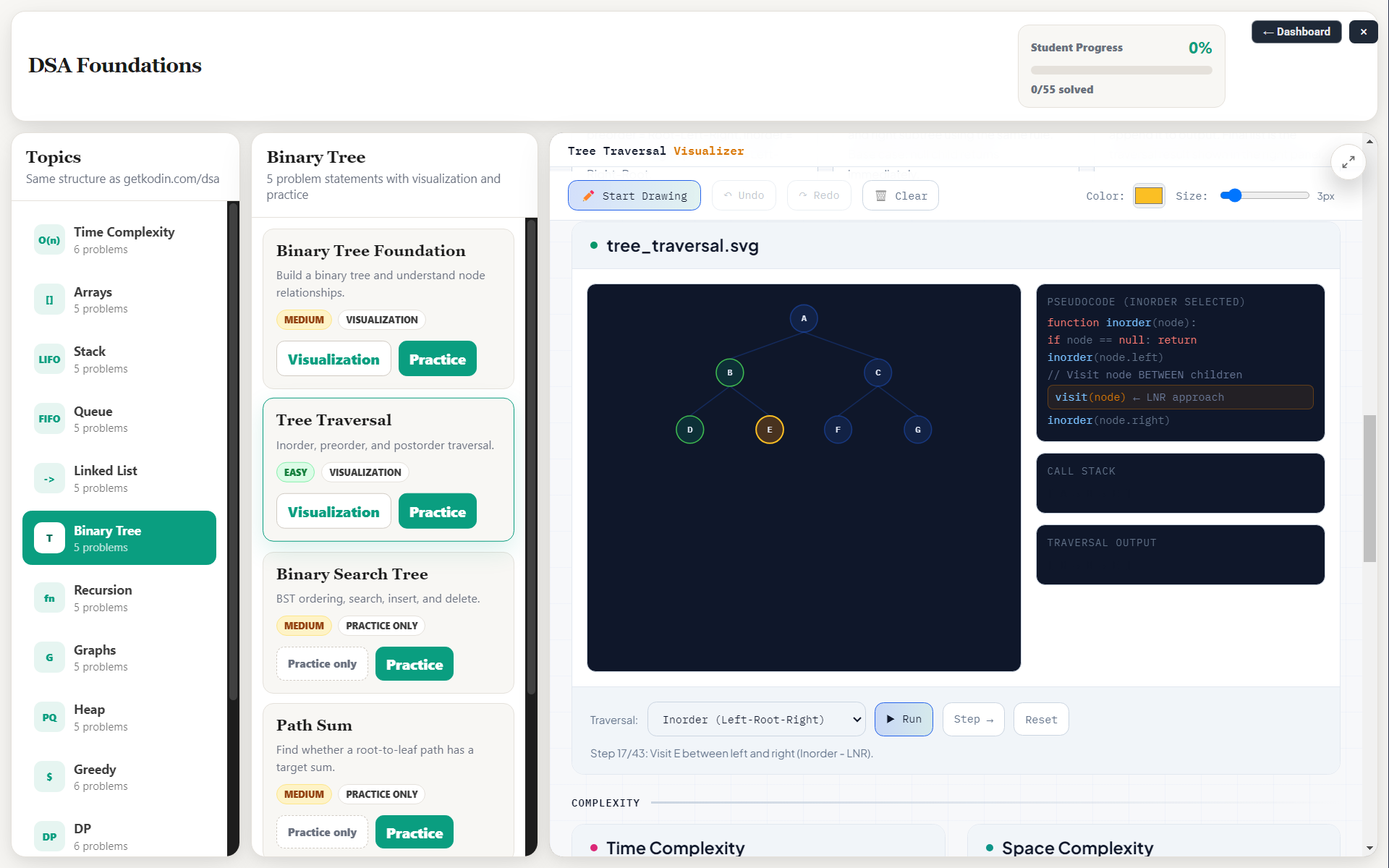 Kodin DSA Foundations — Binary Tree traversal visualizer with topics, practice, and step-by-step execution