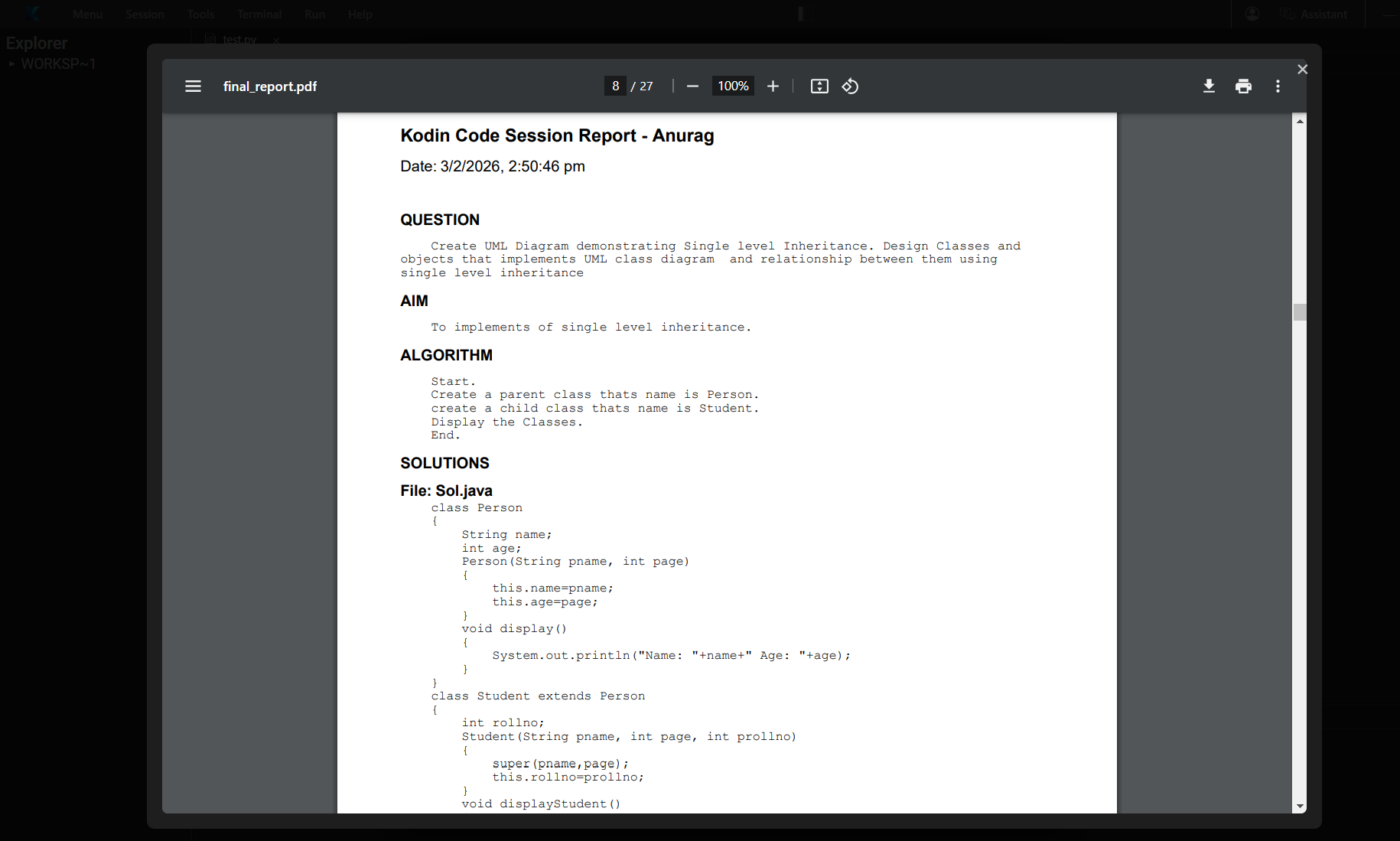 Kodin auto-generated authenticated practical file showing student session data